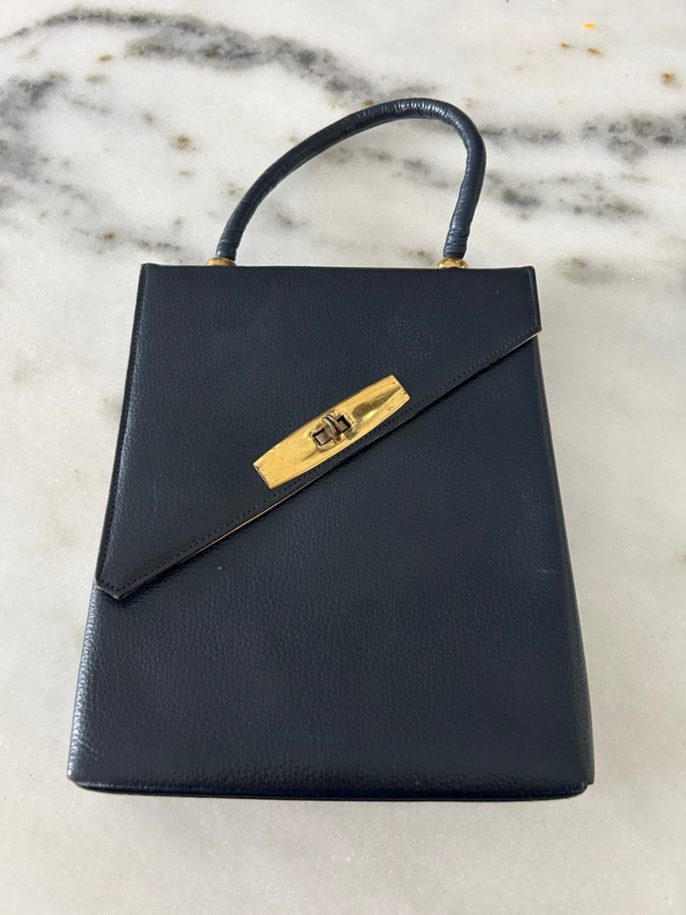 Vintage navy  Top-Handle Leather Bag with Gold Accent